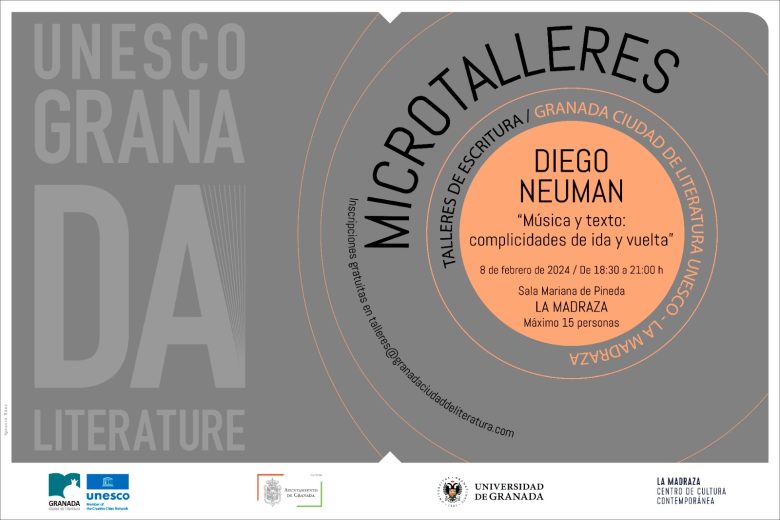 Cartel del microtaller sobre música y texto por Diego Neuman, febrero de 2024