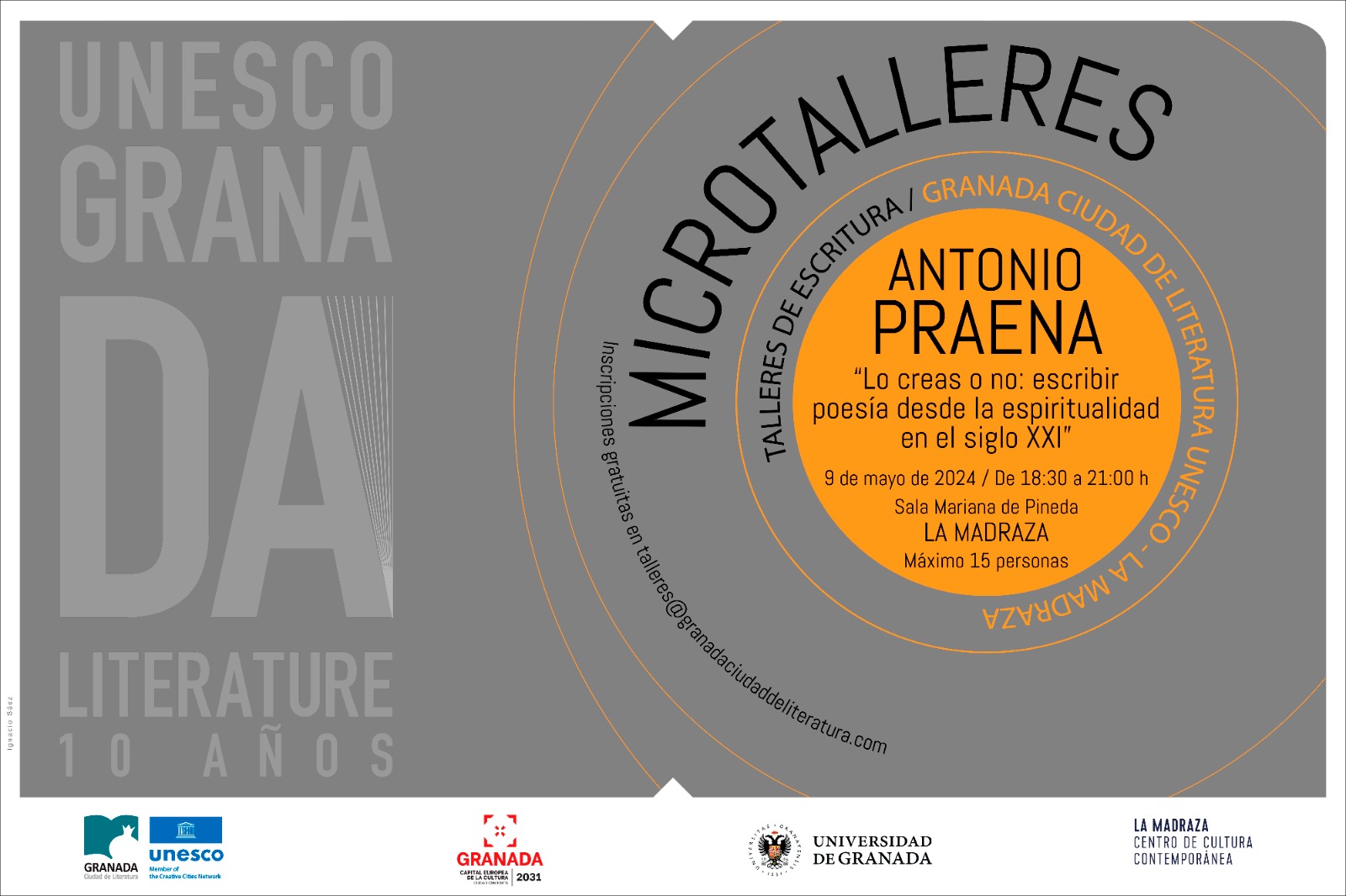 Cartel del microtaller de Antonio Praena en La Madraza, el 9 de mayo de 2024 de 18:30 a 21:00