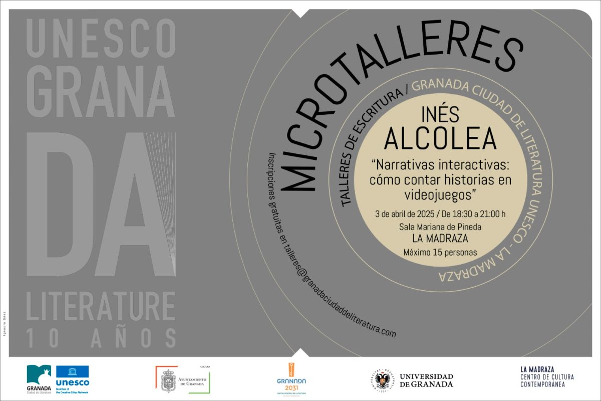 Cartel del microtaller de Inés Alcolea sobre narrativa en videojuegos