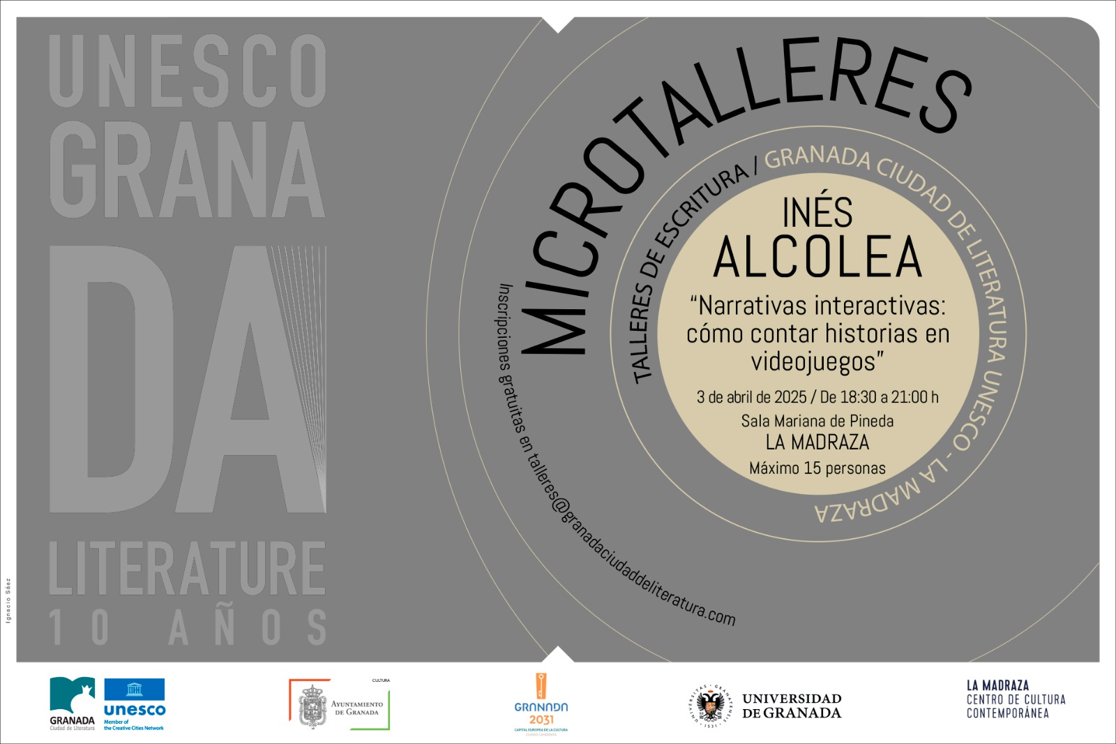 Cartel del microtaller de Inés Alcolea sobre narrativa en videojuegos