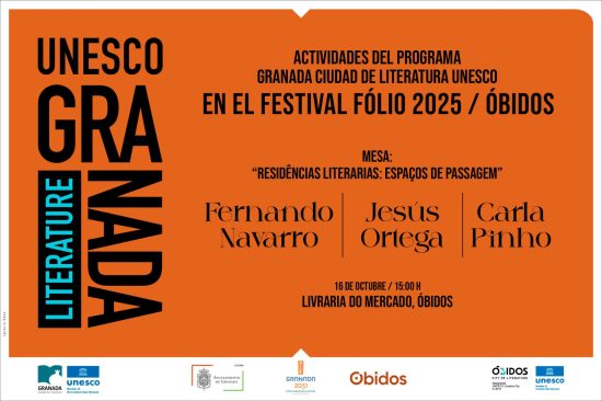 Cartel de la mesa redonda con Jesús Ortega, Carla Pinho y Fernando Navarro en el festival Fólio 2025.