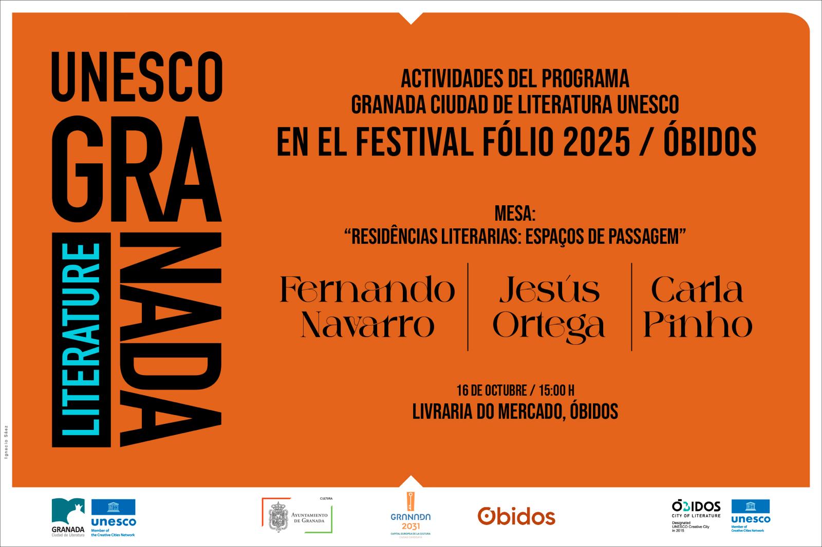 Cartel de la mesa redonda con Jesús Ortega, Carla Pinho y Fernando Navarro en el festival Fólio 2025.