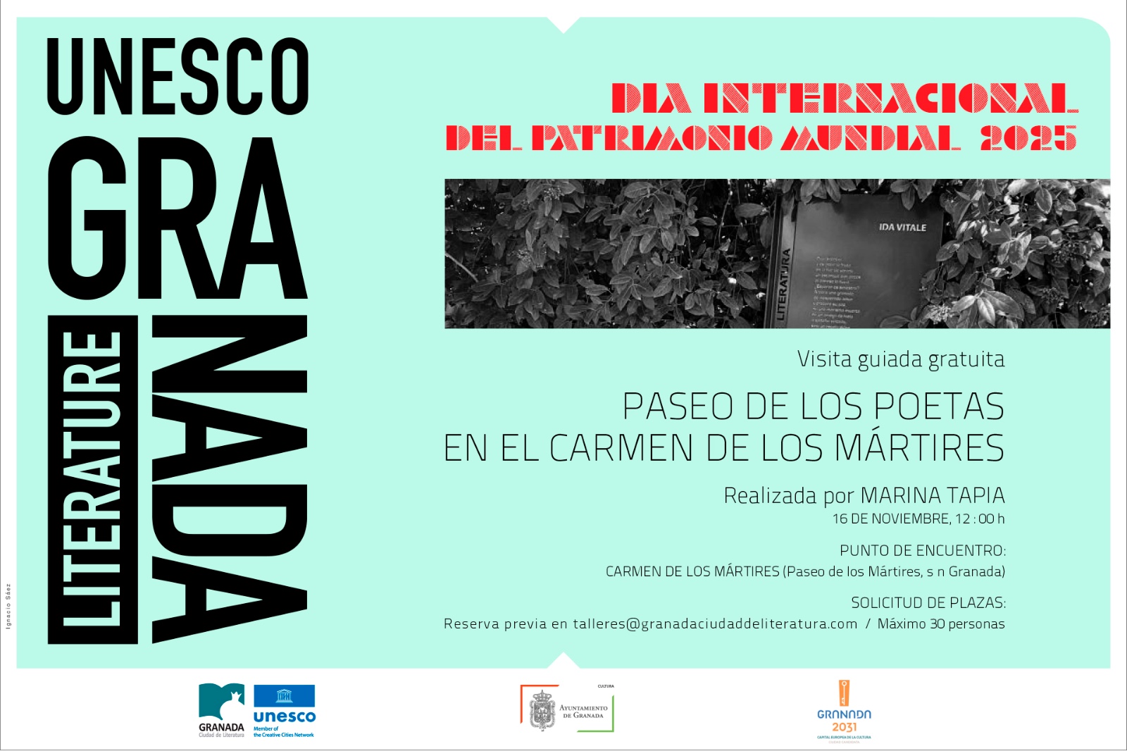 Cartel de la visita guiada al Paseo de los Poetas en el Carmen de los Mártires 2025